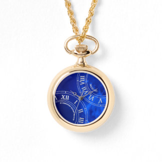 Crystal Cobalt RN Faced Gold Necklace Watch Armbanduhr