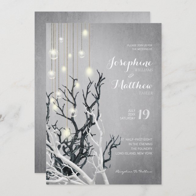 Crystal Light String White Branch Gray Wedding Einladung (Vorne/Hinten)
