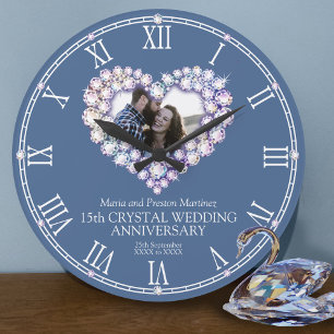 Crystal photo heart 15th wedding anniversary große wanduhr