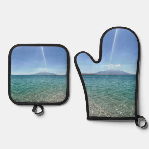 Crystal Water View Blue Sky Beach Vibe Friedlich Ofenhandschuh & Topflappen-Set