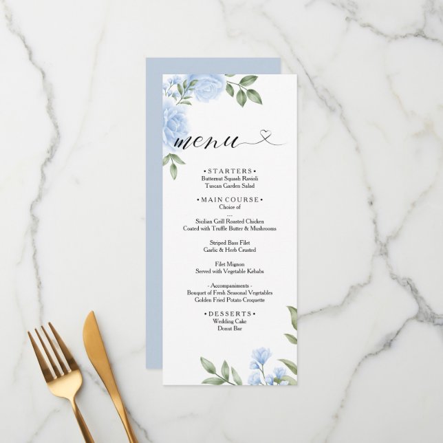 CRYSTAL Wedding Menu / Blue Rose Wasserfarbe Menükarte (Vorderseite/Rückseite Beispiel)