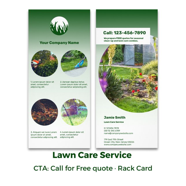 CTA der Pflegedienste für Rasenflächen: Anruf - Gr Werbekarte (Lawn Care Maintenance Service CTA: Call - Green Rack Card)