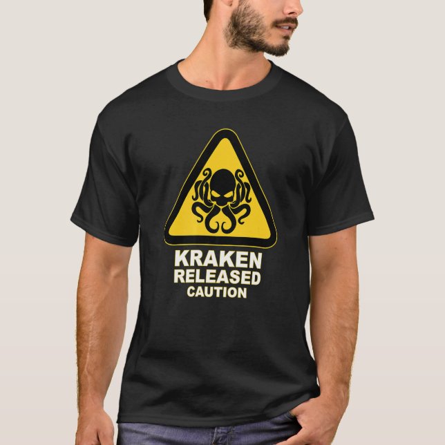 Cthulhu Caution Kraken veröffentlichte Warnung T-Shirt (Vorderseite)
