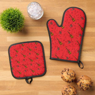 Cuatro und Maracas mit Noten auf ROT Ofenhandschuh & Topflappen-Set