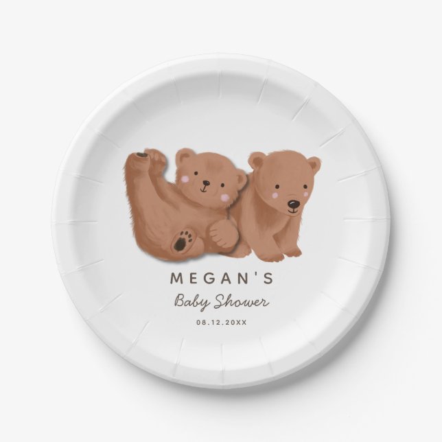 Cub Bear Theme Twins Baby Shower Plate Pappteller (Vorderseite)