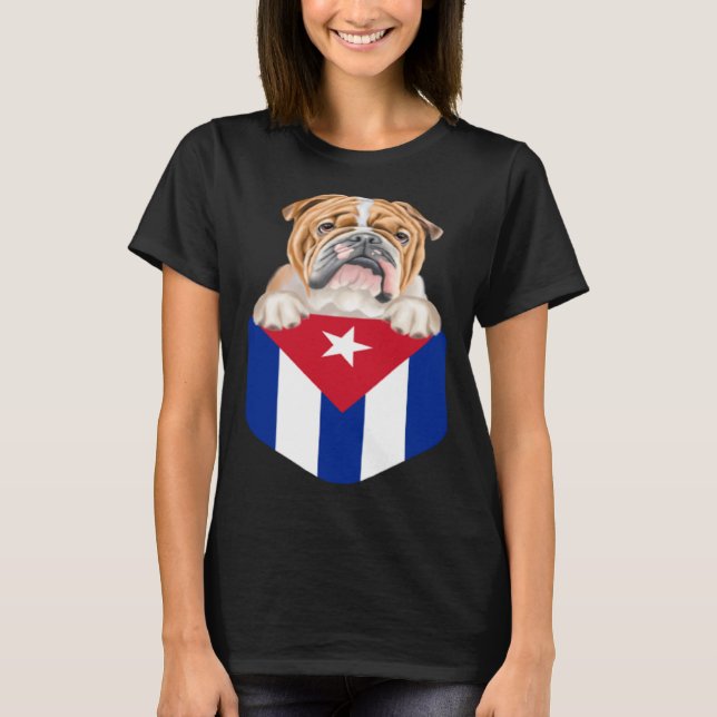 Cuba Flag Bulldog Dog In Pocket T-Shirt (Vorderseite)