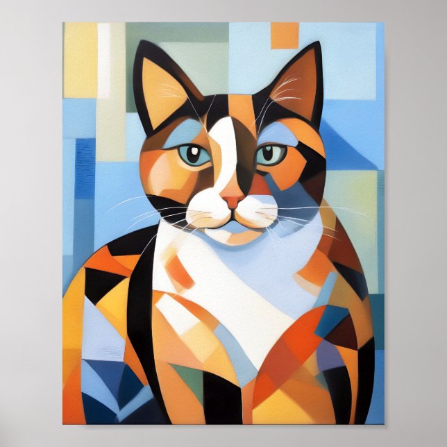Cubist Calico Cat Komposition Gemälde Poster (Vorne)