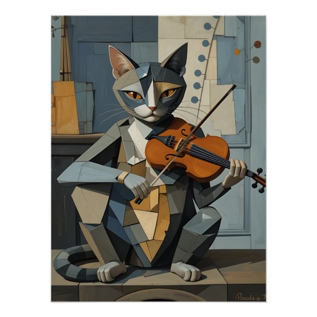 Cubist Harmony: Feline Violinist Poster (Vorderseite)
