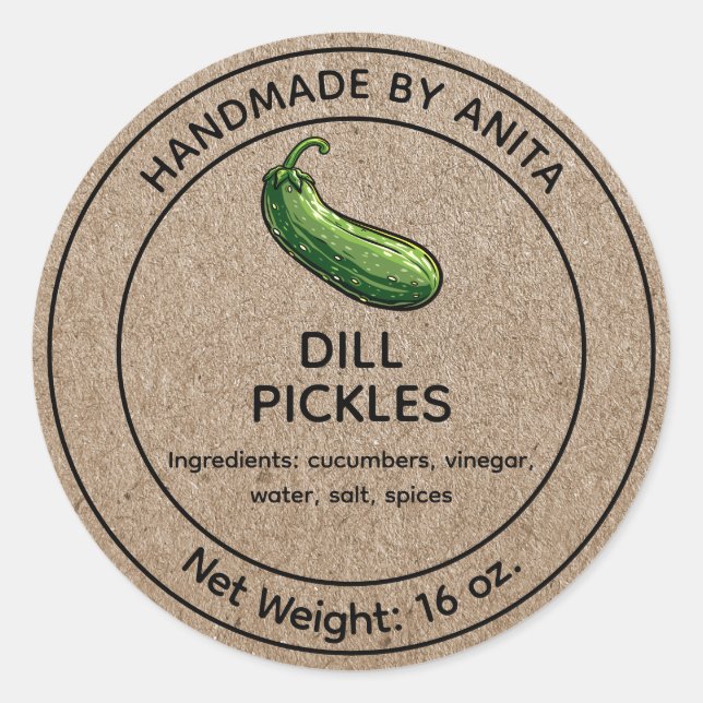 Cucumber Dill Pickles Jar Label Kraft Papierstil Runder Aufkleber (Vorderseite)