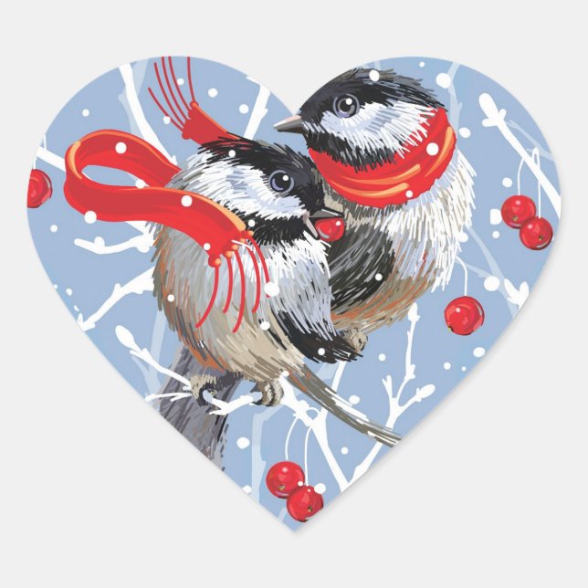 Cuddling Chickadees Liebe Weihnachten Herz-Aufkleber (Vorderseite)