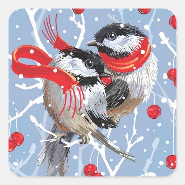 Cuddling Chickadees Weihnachten Quadratischer Aufkleber (Vorderseite)