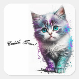 Cudly Blue Mit Augen Kitten Sticker, Watercolor Ar Quadratischer Aufkleber