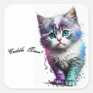 Cudly Blue Mit Augen Kitten Sticker, Watercolor Ar Quadratischer Aufkleber