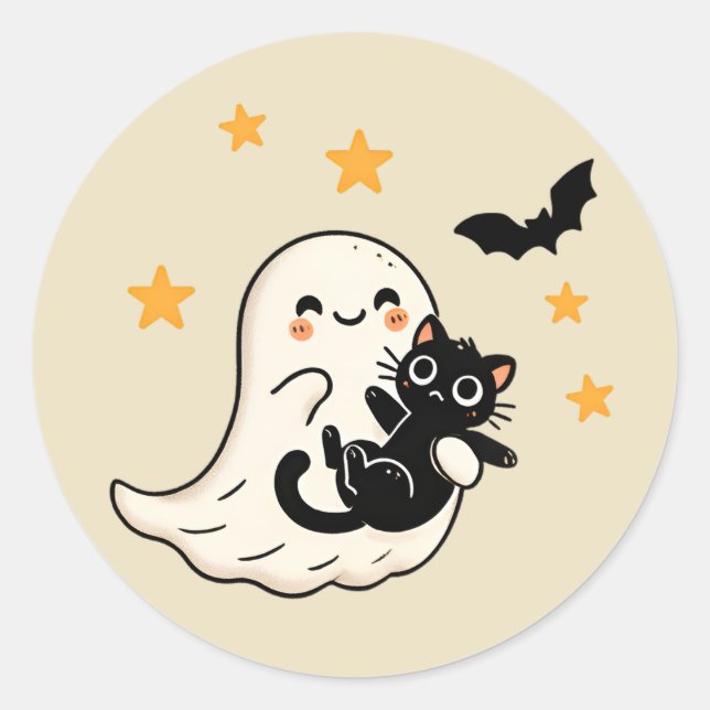 Cudly Ghost & Black Cat - Halloween Runder Aufkleber (Vorderseite)