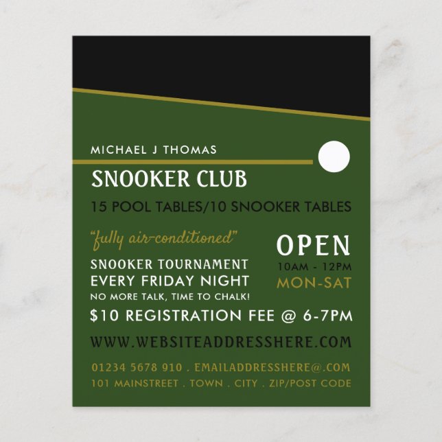 Cue Ball, Pool Club, Snooker Club Werbung Flyer (Vorne)