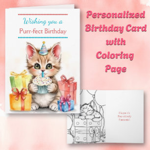Cue Birthday Cat   Farbseite Karte