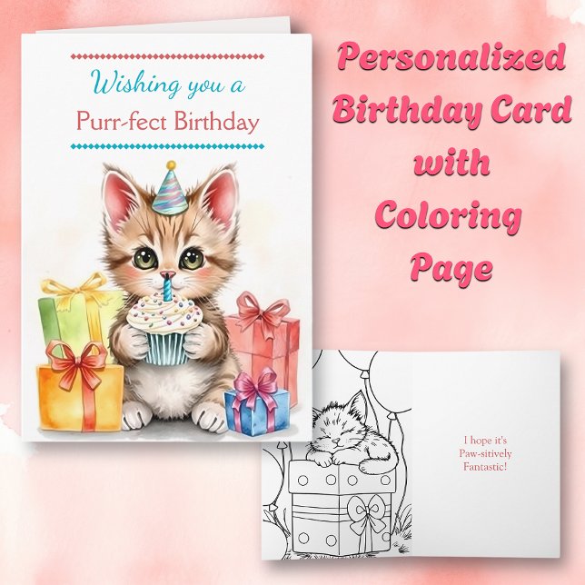 Cue Birthday Cat | Farbseite Karte (Von Creator hochgeladen)