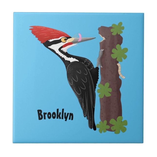 Cue lustige Pileated Woodpecker Cartoon Illustrati Fliese (Vorderseite)