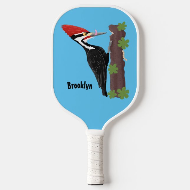 Cue lustige Pileated Woodpecker Cartoon Illustrati Pickleball Schläger (Vorderseite)