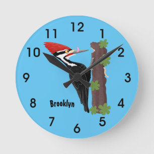 Cue lustige Pileated Woodpecker Cartoon Illustrati Runde Wanduhr
