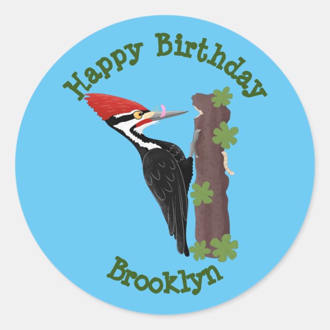 Cue lustige Pileated Woodpecker Cartoon Illustrati Runder Aufkleber (Vorderseite)