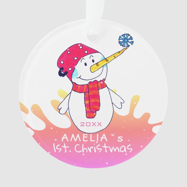 Cue Snowman Pink Baby`s First Christmas Ornament (Vorderseite)