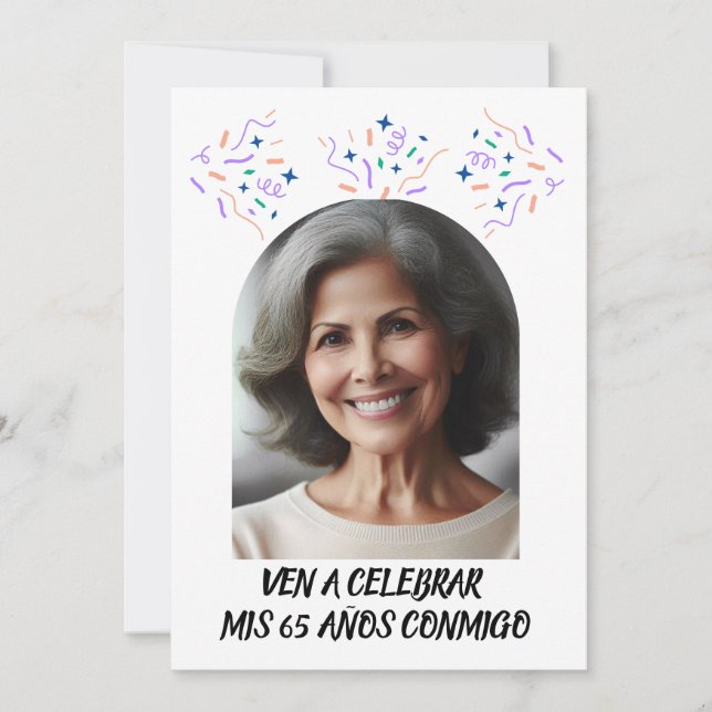 Cumpleaños de 65 Años Fiesta Con Foto Einladung (Vorderseite)