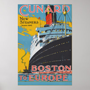 Cunard-Reiseplakat Boston nach Europa im Vintage-S Poster