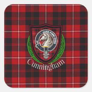 Cunningham schottischer Clan-Tartan und -Wappen Quadratischer Aufkleber