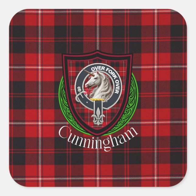 Cunningham Scottish Clan Tartan & Crest Quadratischer Aufkleber (Vorderseite)