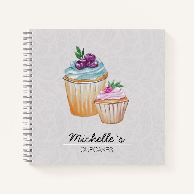 Cup Cakes und Frucht Wasserfarben Muster Notizbuch (Vorderseite)