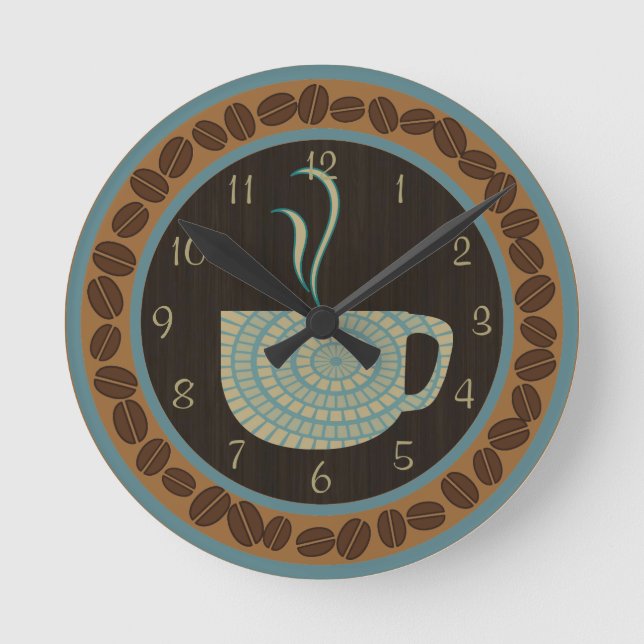 Cup O Kaffee Brot und Aquamarin Runde Wanduhr (Vorderseite)