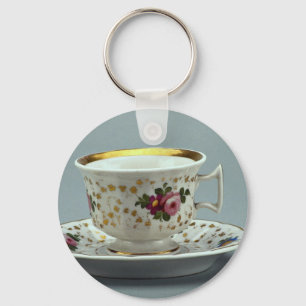 Cup und Untertasse mit farbenfrohen Blume-Designs Schlüsselanhänger