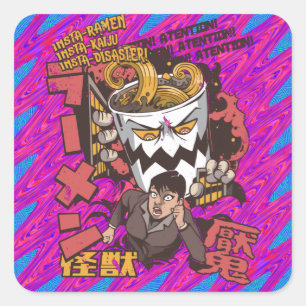 Cup von Ramen Noodle Monster, das japanische Mädch Quadratischer Aufkleber