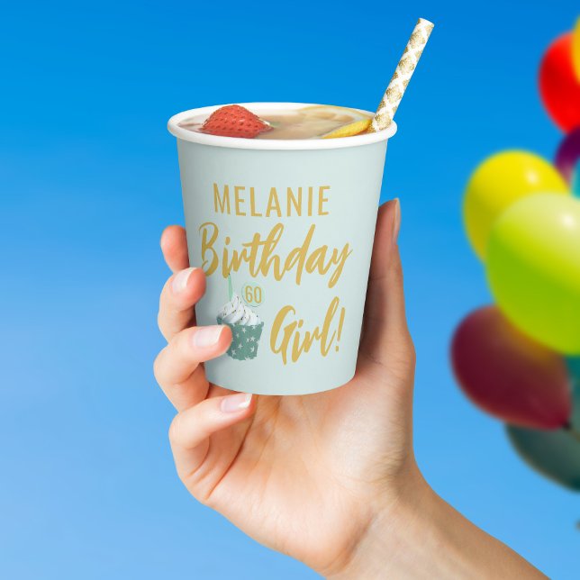 Cupcake 60. Geburtstag Mädchen Mint Green 8oz Pappbecher (Happy Birthday! Add your name and age to this cute cupcake birthday party paper cup)