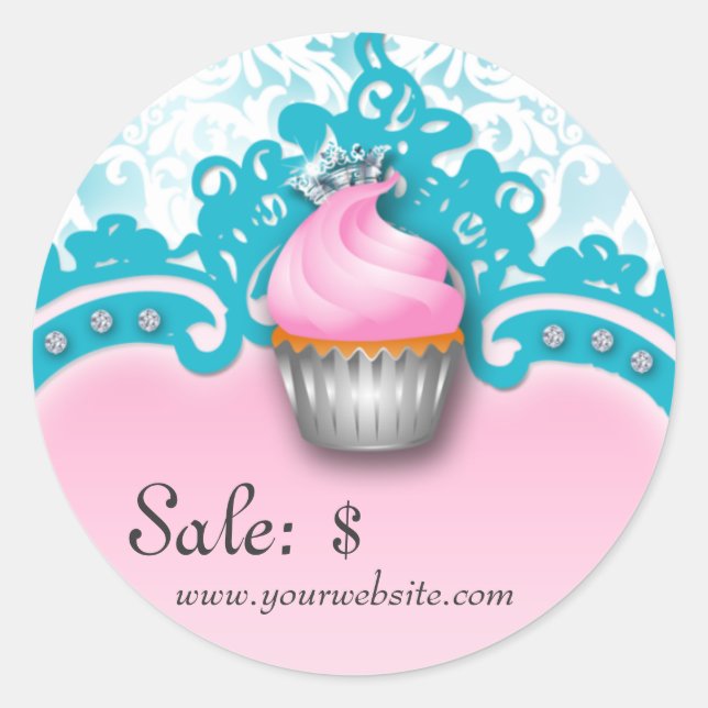 Cupcake Aufkleber Preis Kronen Damask Blue Pink (Vorderseite)