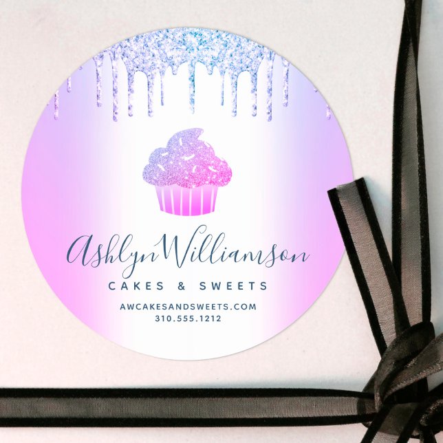 Cupcake Bäckerei Koch Chic Lila Blue Glitzer Tropf Runder Aufkleber (Von Creator hochgeladen)