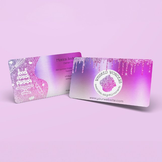 Cupcake Bäckerei Konditorei Koch Glitzer Tropfen L Visitenkarte (Pastry Cake Bakery Glitter Pink Purple Drips Business Card)