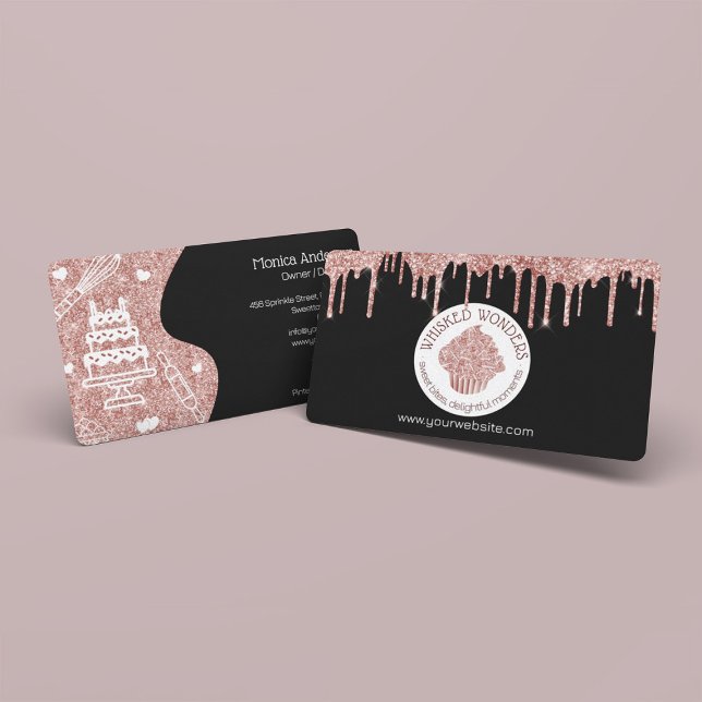 Cupcake Bäckerei Konditorei Koch Glitzer Tropfen R Visitenkarte (Pastry Cake Bakery Glitter Rose Gold Pink Drips Business Card)