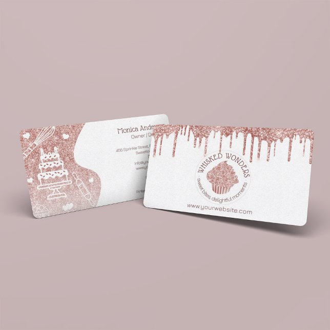 Cupcake Bäckerei Konditorei Koch Glitzer Tropfen R Visitenkarte (Pastry Cake Bakery Glitter Rose Gold Pink Drips Business Card)