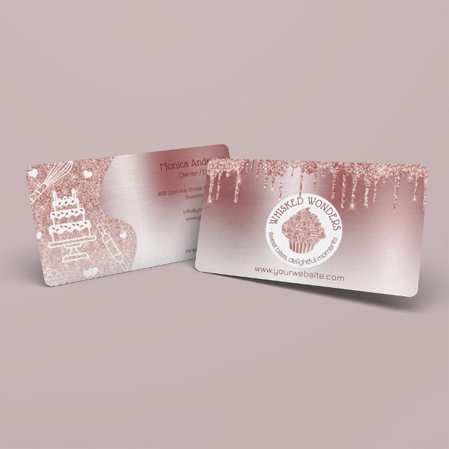 Cupcake Bäckerei Konditorei Koch Glitzer Tropfen R Visitenkarte (Pastry Cake Bakery Glitter Rose Gold Pink Drips Business Card)