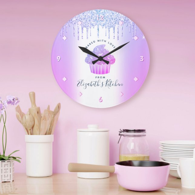 Cupcake Bäckerei Konditorei Koch Lila Glitzer Trop Große Wanduhr (Von Creator hochgeladen)