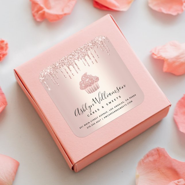 Cupcake Bäckerei Konditorei Koch Rose Gold Glitzer Quadratischer Aufkleber (Von Creator hochgeladen)