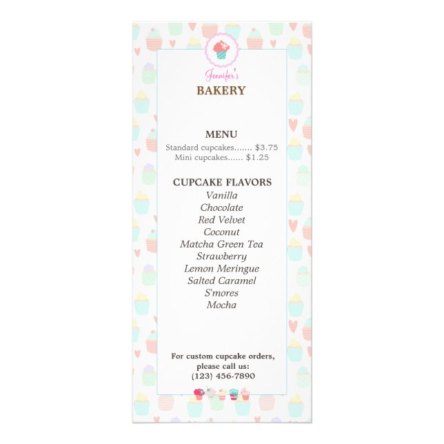 Cupcake Bäckerei Menü Rack Card PASTEL KAWAII (Vorne)