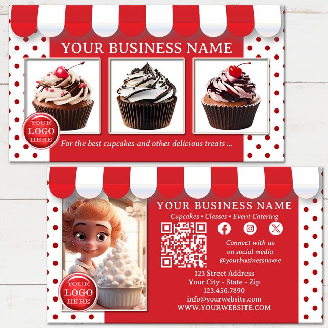 Cupcake-Bäckerei oder Eiscafé Visitenkarte (Bakery or ice cream business card featuring your custom images on a fun design in red and white)
