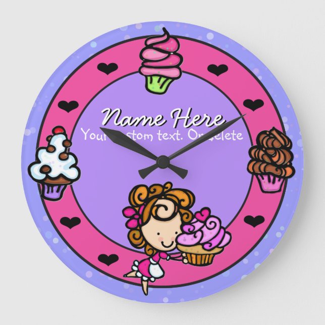 Cupcake.Baker.Baking.Pink.Personalized. Große Wanduhr (Vorderseite)