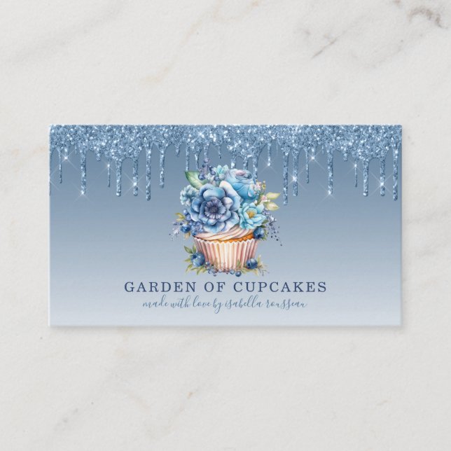 Cupcake Baker Floral Cupcake Blue Glitzer Tropfen Visitenkarte (Vorderseite)