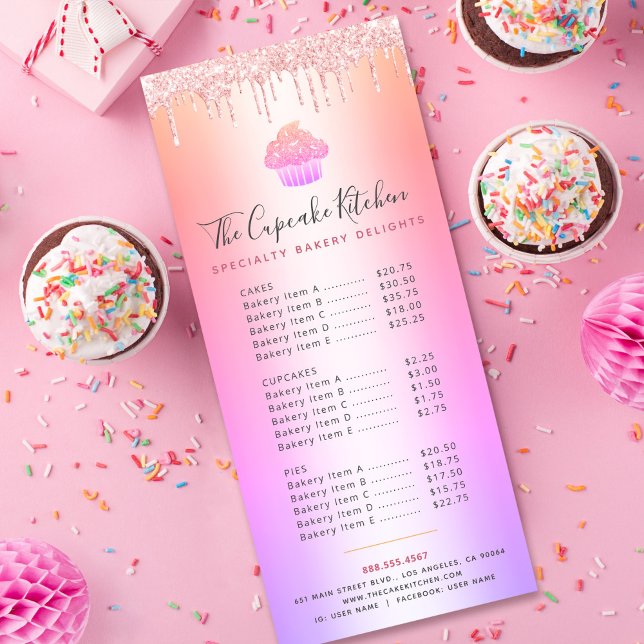 Cupcake Bakery Pink Glitzer Rainbow Ombre Menü (Von Creator hochgeladen)
