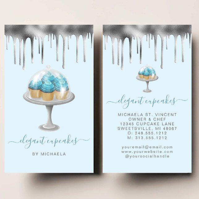 Cupcake Bakery Teal Faux Silver Foil Drip Visitenkarte (Von Creator hochgeladen)
