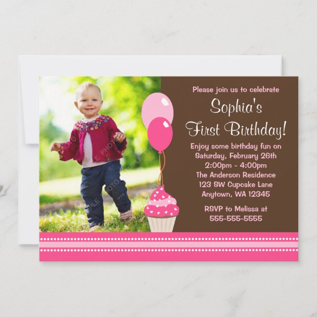 Cupcake Balloons Brown Pink Foto Geburtstag Einladung (Vorderseite)